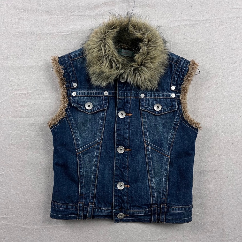 Y2K Leo Roma Jeans Denim Vest Womens Large Blue Faux Fur Lined Collar Italian
